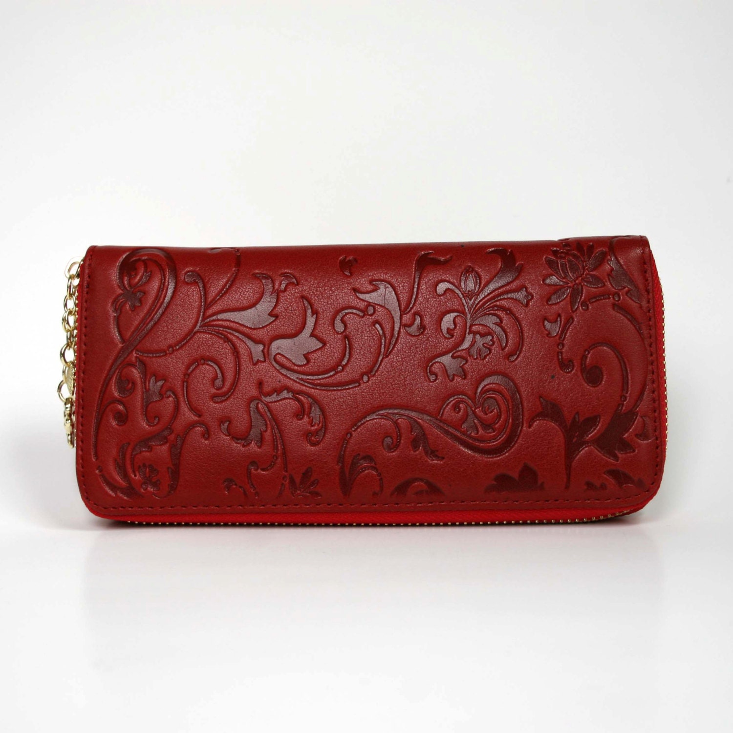 Floral Leather Wallet Red Leather Wallet Floral by kayameiershop