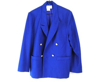 Vintage Cobalt Blue Blazer, 100% Pure Wool, 80s Jacket | 80s Blazer | double breasted wool jacket | brass buttons | notched lapel | medium