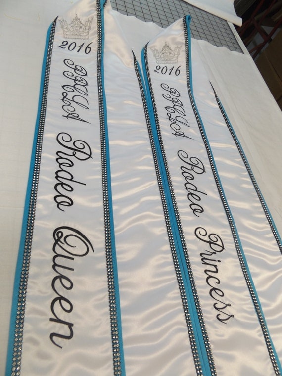 Pageant sashes in black satin / White trim/ silver black
