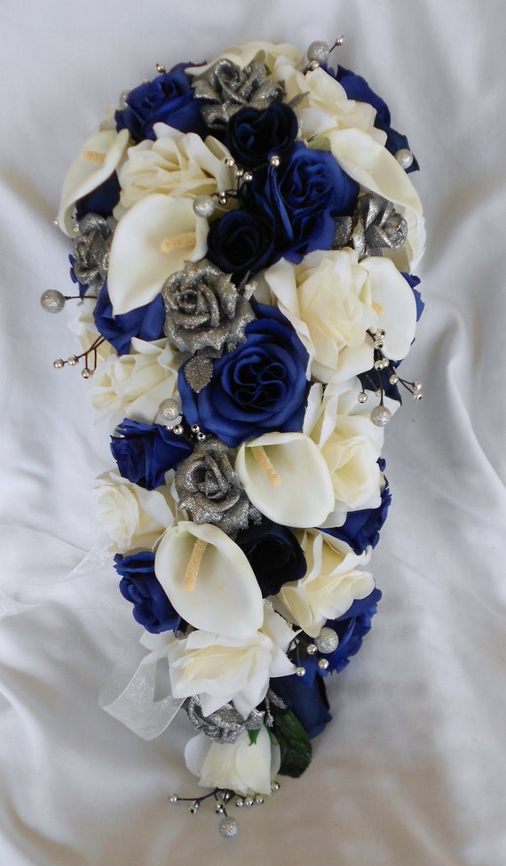 Navy blue silver and ivory cascade bouquet by ...