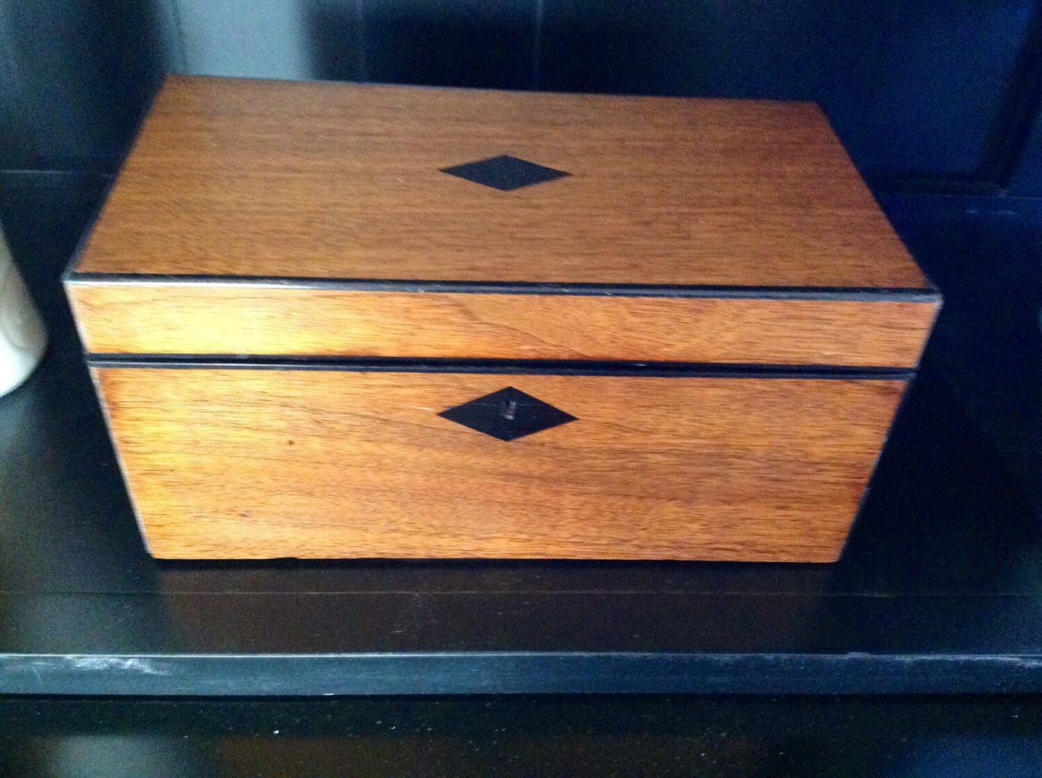 Victorian Wooden Tea Caddy Box with Black Inlay 1800s