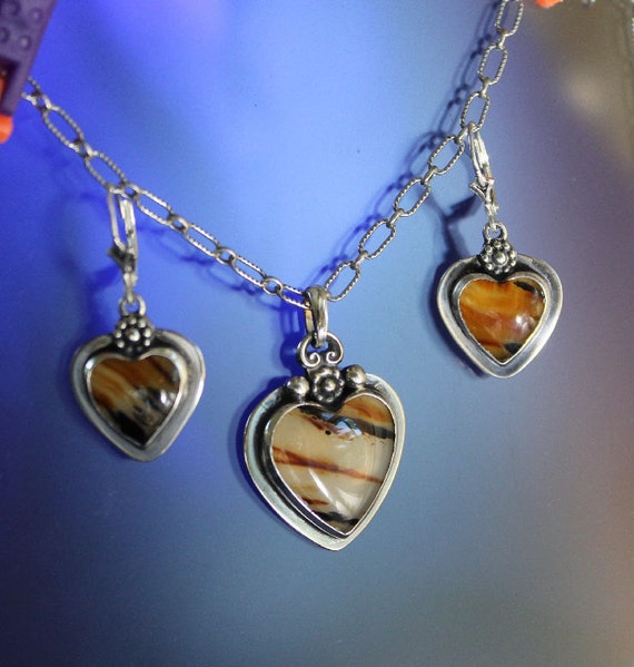 Montana Agate Heart Set Pendant and Earrings Sterling Silver