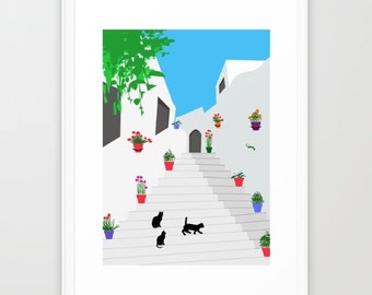 Ibiza poster-Andalusian print-Spain print-Black cat poster-Minimalist wall art-Mediterranean print-Decorative Art Print-Large Glicee Print