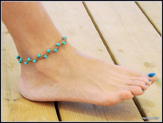 Ladies Ankle Bracelet, Leather Beach Jewelry, Turquoise Anklet, Leather Ankle Bracelet, Foot Jewelry, BFF Gift, Festival Jewelry