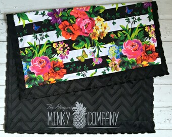 Baby Blanket - Vintage Flower - Designer Minky - Black
