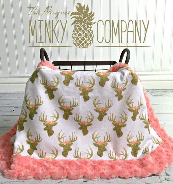 Deer Baby Blanket Glitter Deer Designer Minky Coral