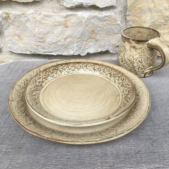 Dragonfly 4pc pottery dinnerware set with embossed dragonflies