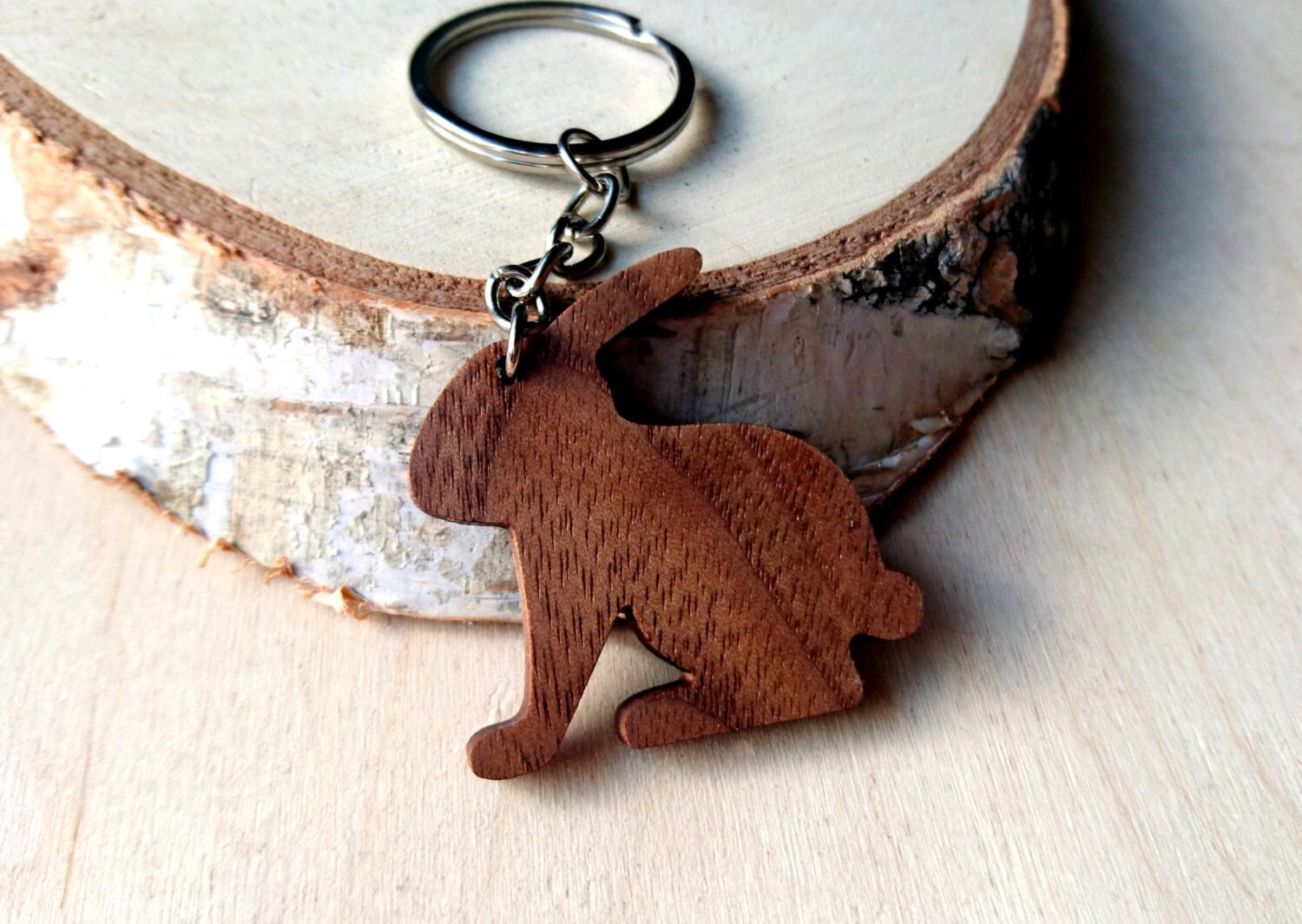 Wooden Rabbit Keychain Walnut Wood Animal Bunny Keychain