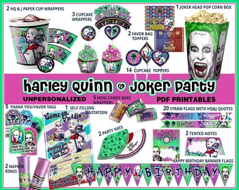 Harley Queen birthday party, Suicide Squad party, Harley Quinn party printables, Joker party, invitation, quotes, labels, party supplies