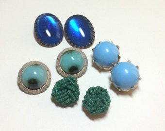 Lot of 4 pairs of vintage earrings, vintage earring lot, clip earrings, blue and green clip earring lot, craft lot 1950s 1960s E54