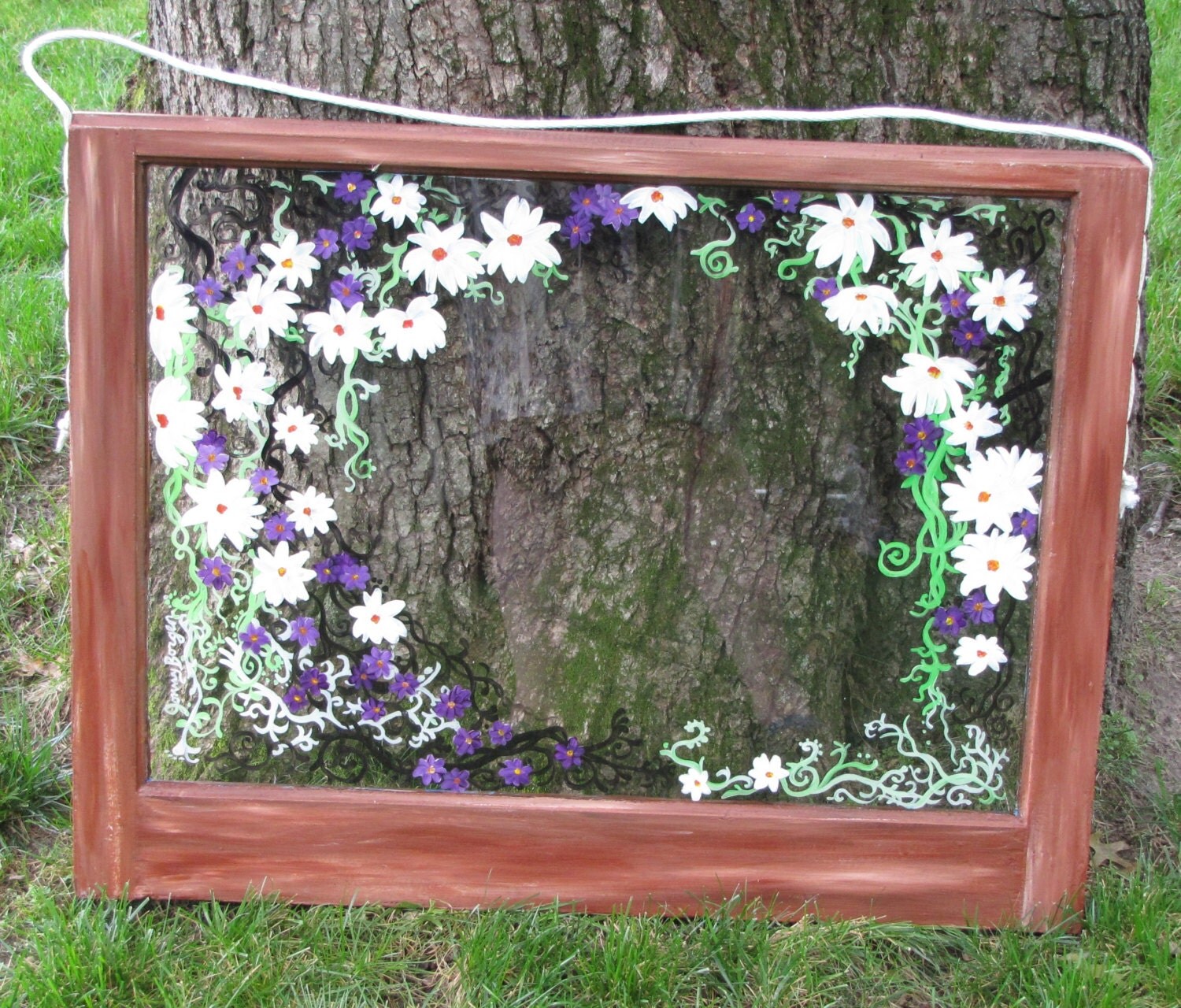 Vintage Window With Hand Painted Flowers Leaves and Vines