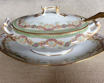 M. Redon Limoges P L Limoges France Covered Gravy Boat with Attached Underplate