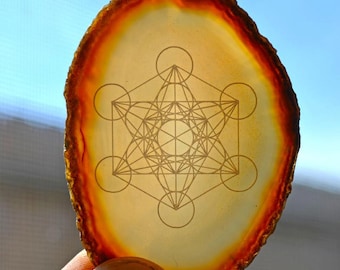 Metatron's Cube Engraved Agate - Sacred Geometry Home Decor by LaserTrees Geode Crystal Unique - LT40079