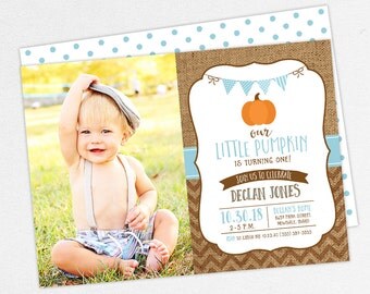 24 HOUR TURNAROUND First Birthday Invitation, Photo First Birthday Invitation, Printable Invite, Burlap, Our Little Pumpkin is Turning One