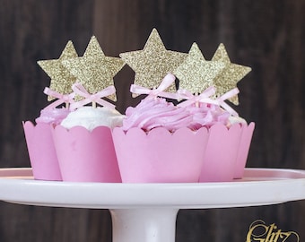 12 Twinkle twinkle cupcake toppers, pink and gold stars cupcake toppers, twinkle twinkle little star, first birthday, gold star