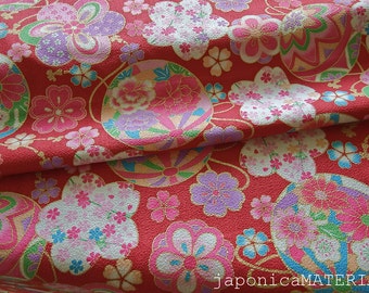 Japanese Cotton Chirimen, 1/2 yard, Temari and Flowers, Red, 100% Cotton