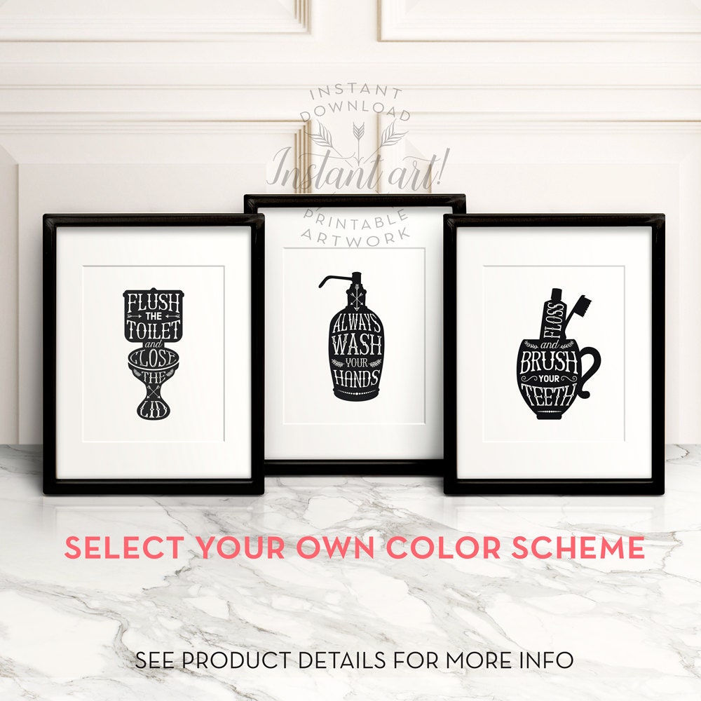Bathroom wall decor PRINTABLES set of 3 flush by TheCrownPrints