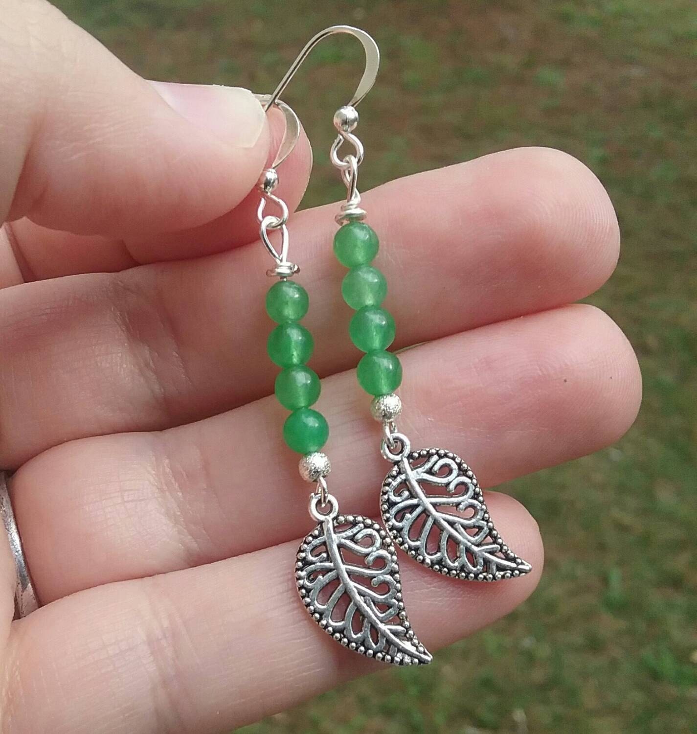 Green leaf earrings Jade earrings Silver by EandSJewelryDesigns