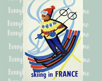 France Travel Poster, Ski Poster, Winter sports art, 1950s French poster, Dorm decor, ski lodge decor, Gift for skiers, skiing in France