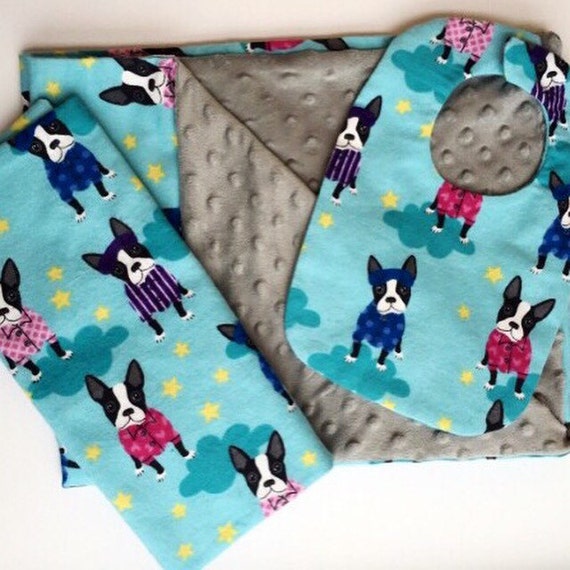 Baby blanket bib and burp cloth set. Boston terrier by MamaJoy1985