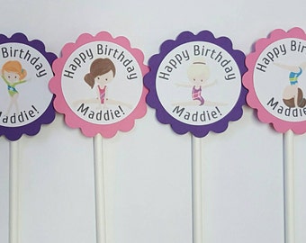 Personalized gymnastics cupcake toppers - set of 12, cake toppers, centerpiece, gym party