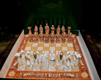 Chess set alabaster with carved battle board and Atlas warrior figures artifacts
