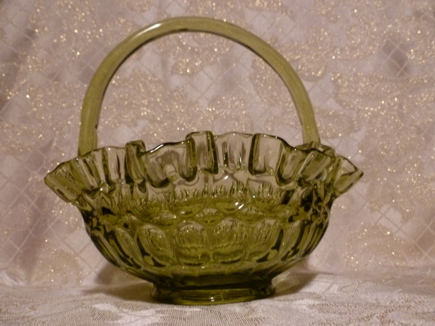 Fenton Large Green Glass Basket 1940s by CarmelCollectibles