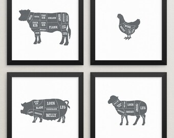 Set of 4 butcher prints – Butcher poster set – Butcher chart set – Butcher diagram set – Meat cuts – Kitchen art – Kitchen prints – BUT001