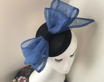 Sale Black pillbox button hat with royal blue 3d structural bow small hat fascinator ascot ladies day wedding races epsom detby day