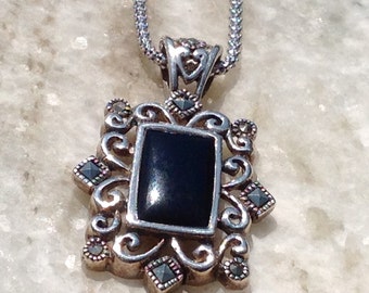 Marcasite Necklace,Vintage Marcasite Onyx Necklace,Marcasite Necklace,Onyx Necklace,Silver Marcasite Jewelry