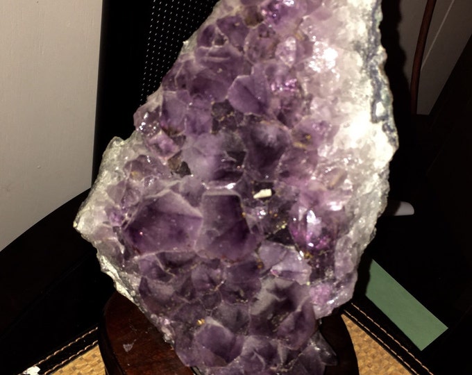 Amethyst Cluster w/ Hand Carved Wood Base- 5 inch x 6 inch- High Quality from Brazil Healing Crystals \ Reiki \ Healing Stones \ Chakra