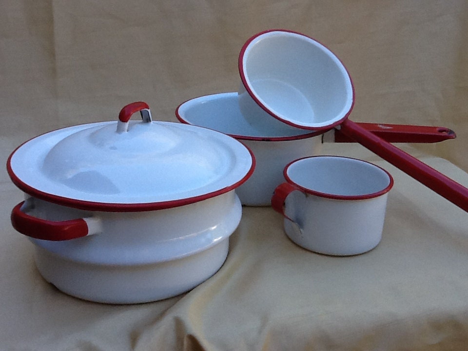 Vintage Red and White Enamelware Porcelain Cookware.....