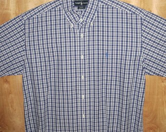 ralph lauren shirt blue/white print 1980s Mens Vintage Size Medium Short Sleeve Button Front Cotton Medium m Blake