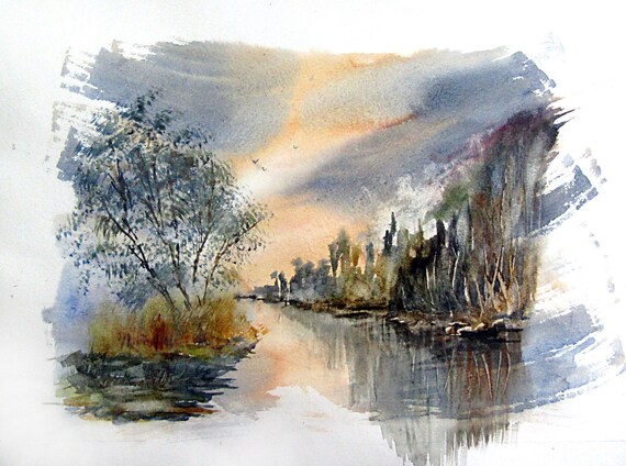 Watercolor painting landscape - Bye-Bye, Sun - Watercolor 11X15 Art Wall Decor