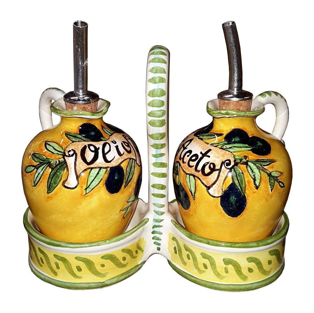 Italian Ceramic Set Oil Cruet Vinegar Art Pottery Decorated
