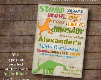 Dinosaur Invitation, Instant Download Digital Invitation, Printable Editable PDF File A903