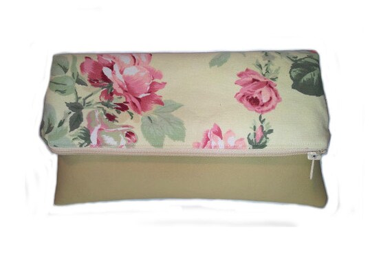 Faux leather and canvas foldover clutch, faux leather, zipper clutch, clutch purse, clutch bag, fold over, foldover clutch, beige leather