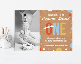 Boys First Birthday Invitation, Boys Birthday Invitation, 1st Birthday Invitation, Printable Invitation w Photo, First Birthday Invitation