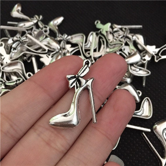 BULK 50 Stiletto Shoe Charms Antique Silver Tone High Heel