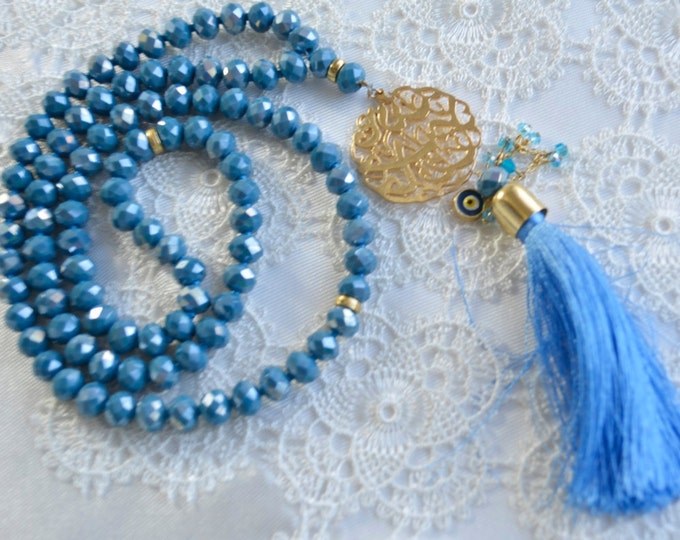 Golden Allah blue pendant, teal, hijap, hicab, religious hajj gift, pray misbaha, dowry, mohammedan, muslim pray, sufi semazen arabic rosary