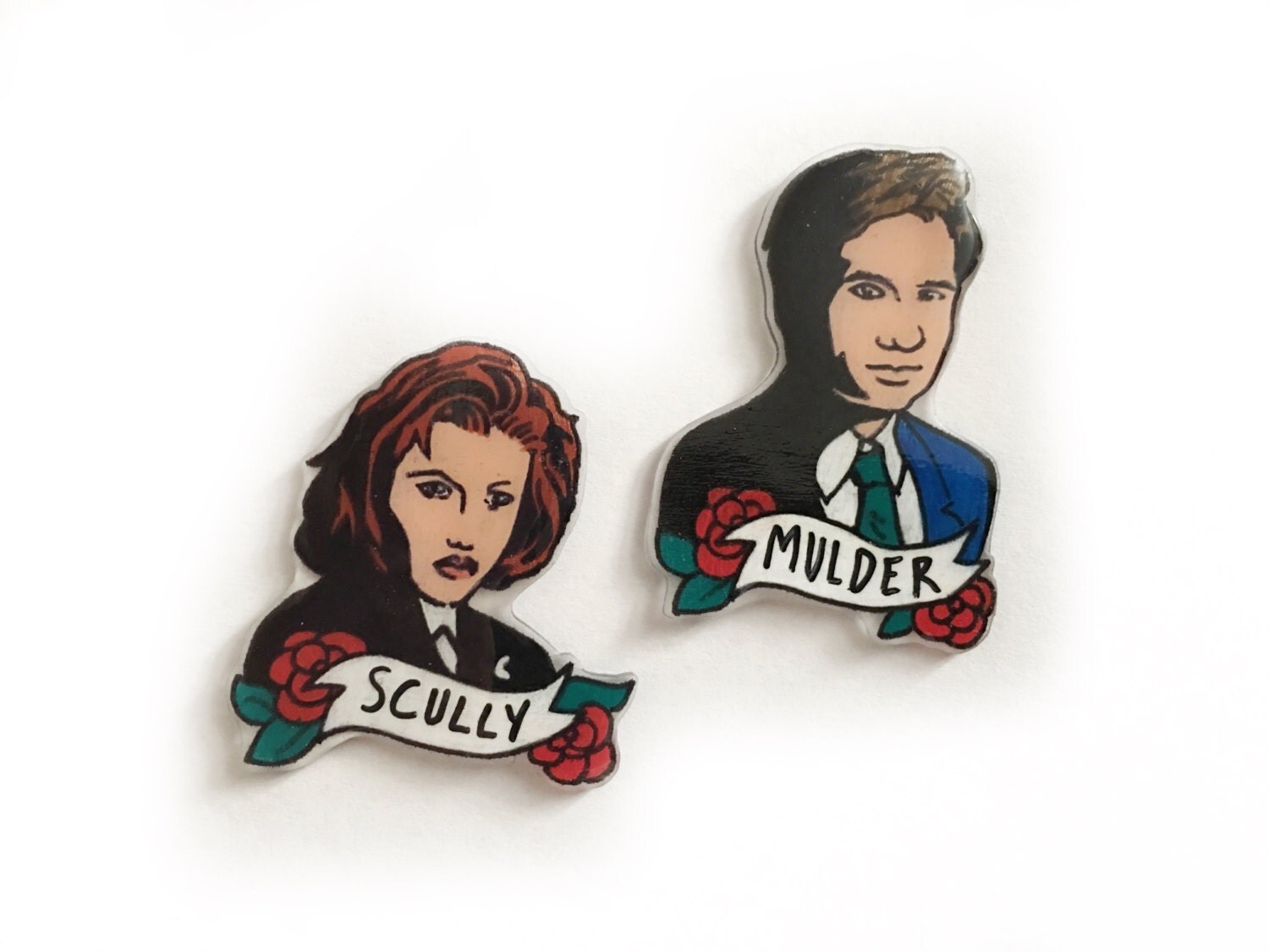 Mulder and Scully X Files Pins Fox and Dana Buttons 90s TV