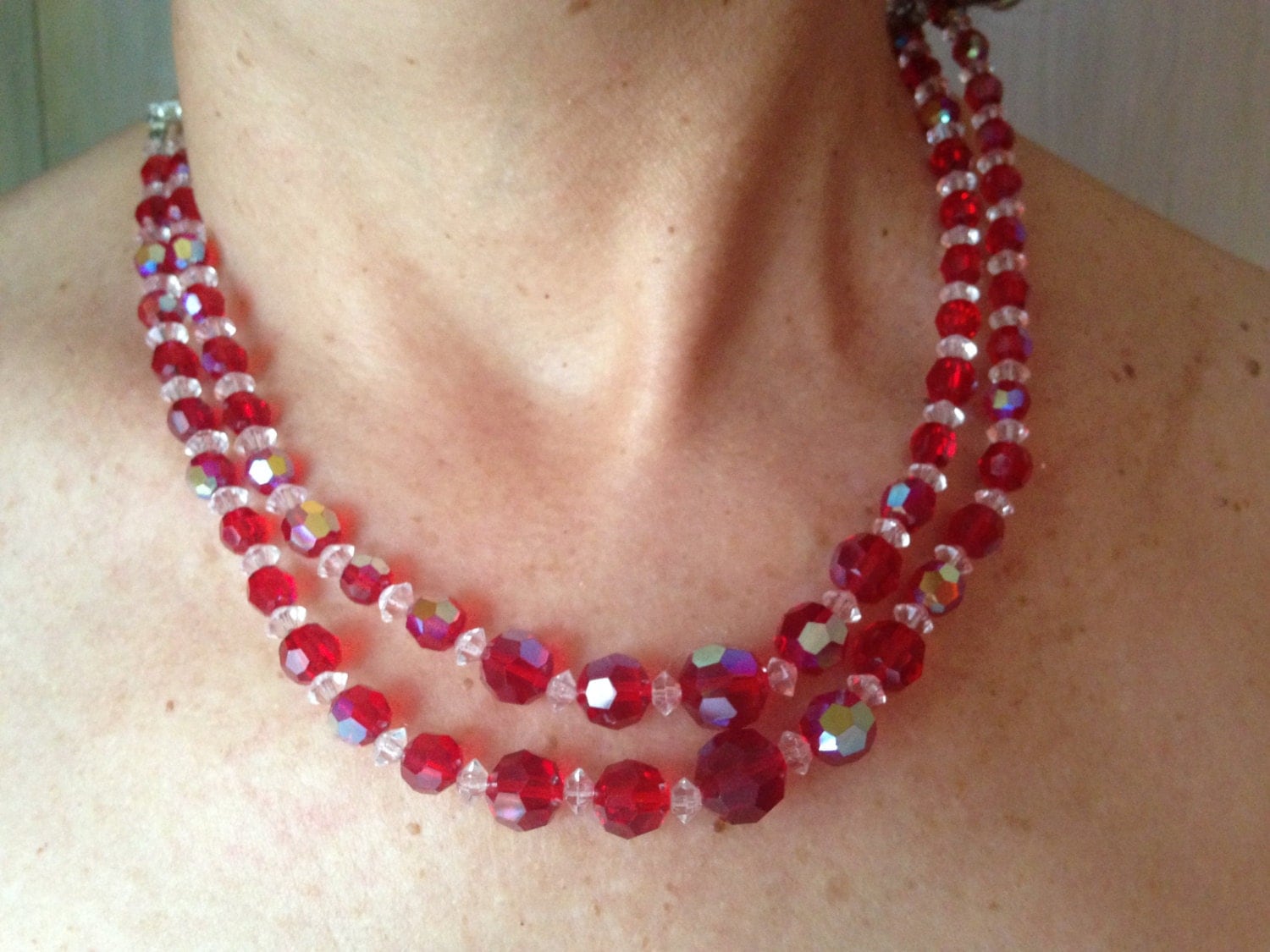 Red glass bead necklaces vintage Red glass necklace by DuckCedar
