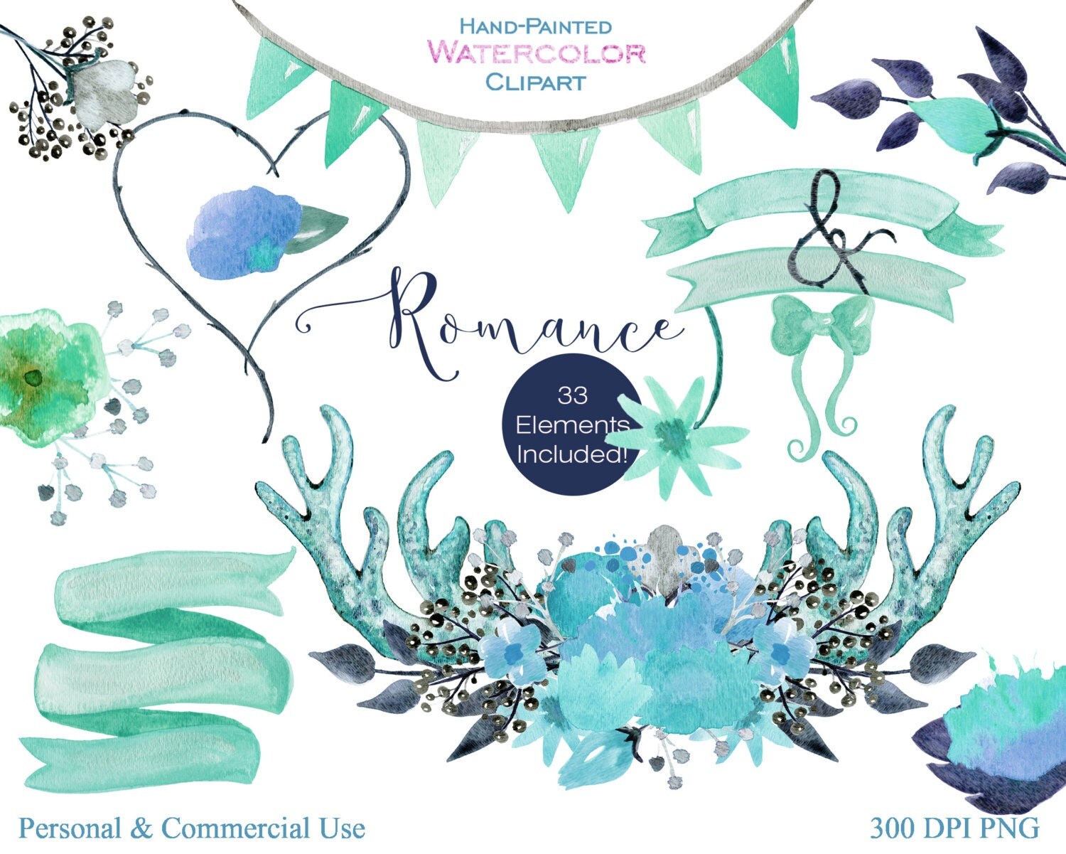 WATERCOLOR FLORAL CLIPART Commercial Use Clip Art Rustic Aqua Mint Deer Antlers Flower Bouquets Banner Backgrounds Romantic Wedding Graphics WATERCOLOR FLORAL CLIPART Commercial Use Clip Art Rustic Aqua Mint Deer Antlers Flower Bouquets Banner Backgrounds Romantic Wedding Graphics