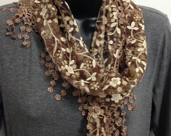 Light Brown/Bronze Lace Scarf with Fringe Shawl Scarf Long Scarf Women Fashion Accessories Gift for Her