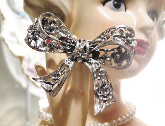 Danecraft Sterling Bow Brooch Ribbon Brooch 1960s 60s Mid Century Midcentury Danecraft Floral Flower Brooch Pin Ornate Art Nouveau Revival