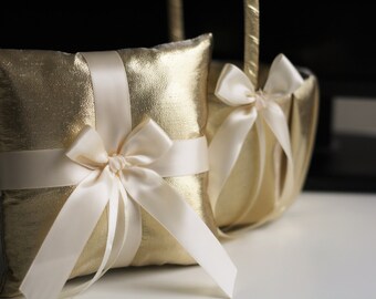 Gold Ring Pillows / Flower Girl Baskets / Gold Ring Bearer Pillow / Gold Wedding Baskets Gatsby Style Bearer Basket Set Gold Wedding Pillow