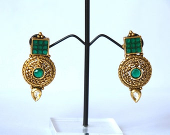 Antique Gold Finish Round Earrings / Green Zircon Earrings / Gift For Her / Gift For Mom / Geometric Pattern Earrings / Bollywood Earrings