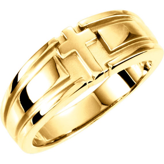 14K Yellow Gold Religious Cross Duo Band Mens Gents Ring