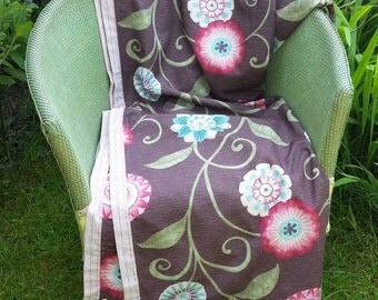 Chocolate and sprinkles Sofa Throw- turquoise, magenta, brass grommets, pink ticking striped flange and ties, large sofa throw