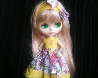 Yellow and flower pattern,handmade, dress with headband for Blythe doll
